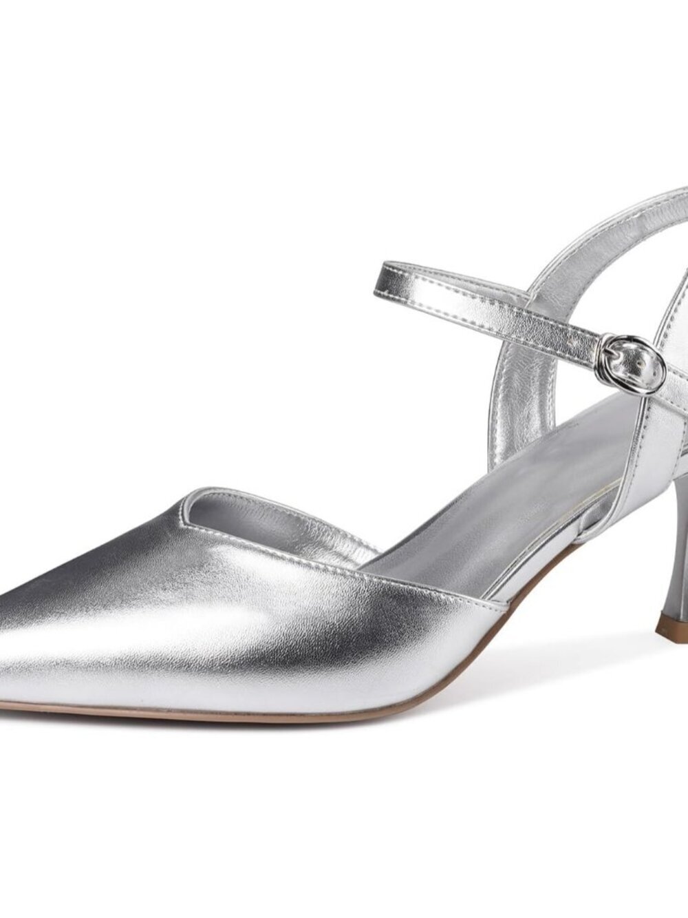 Women's Silver PU Kitten Heels Slingback Heels Dressy Pumps Ankle Strap